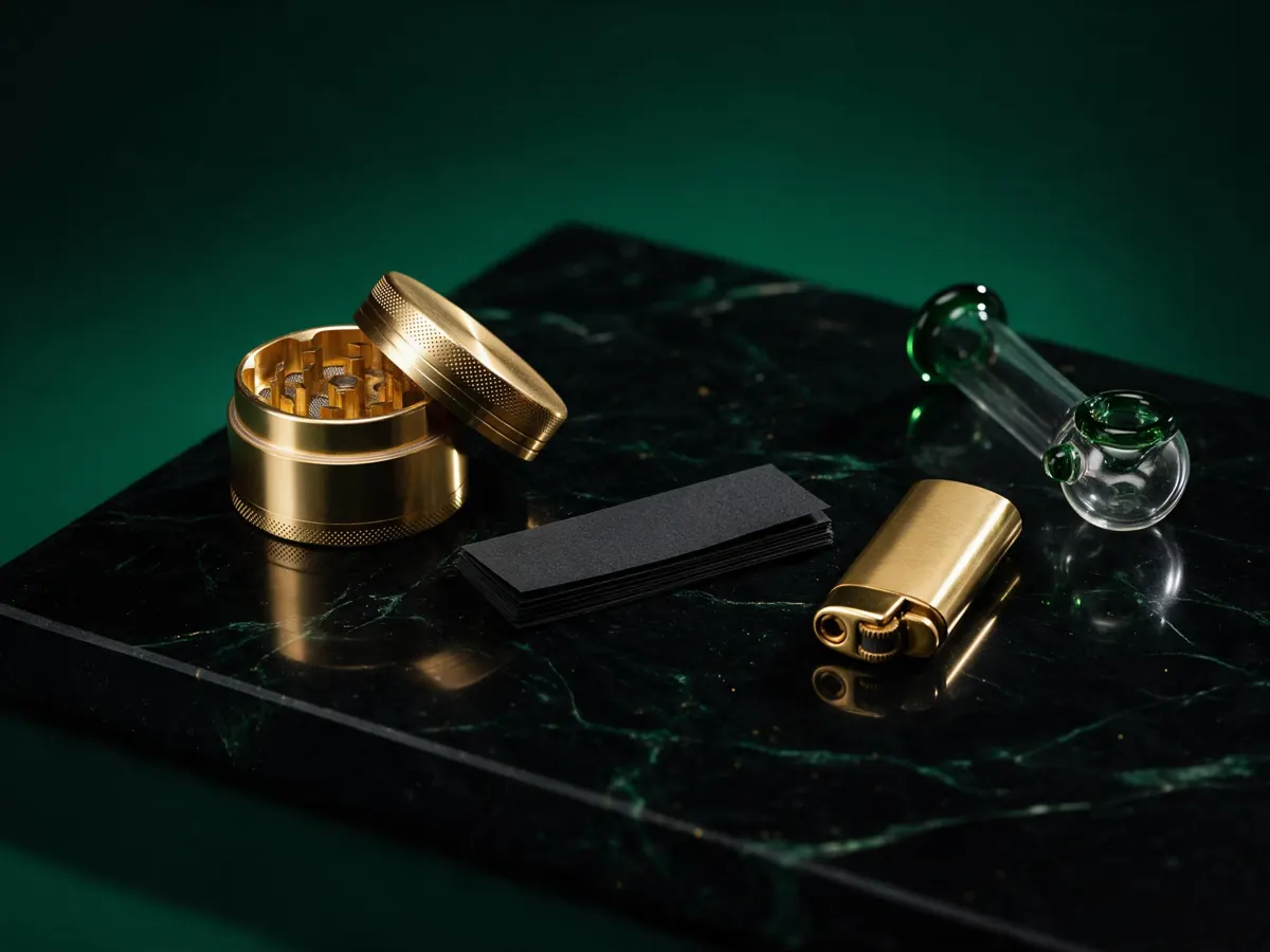 Gold grinder and rolling accessories on a black surface
