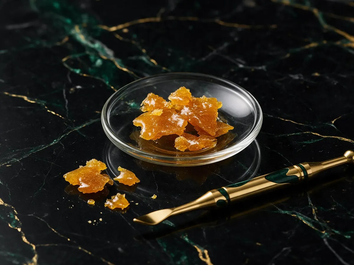 Amber cannabis concentrate in a small glass dish on black