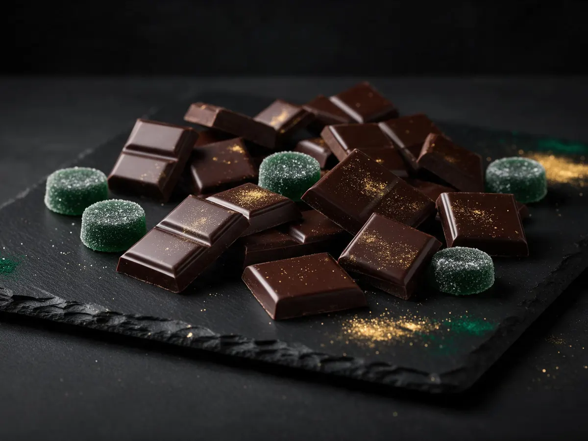 Elegant gummies and chocolate squares on a dark gold-rimmed tray