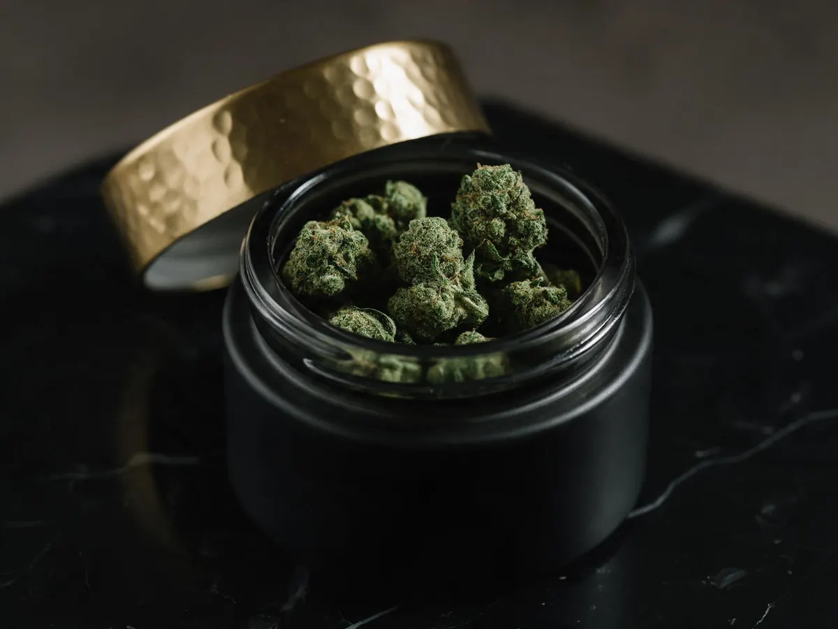 Cannabis flower buds on black slate with gold accents