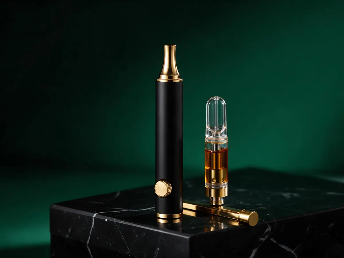 Sleek vape device on black with green and gold reflections